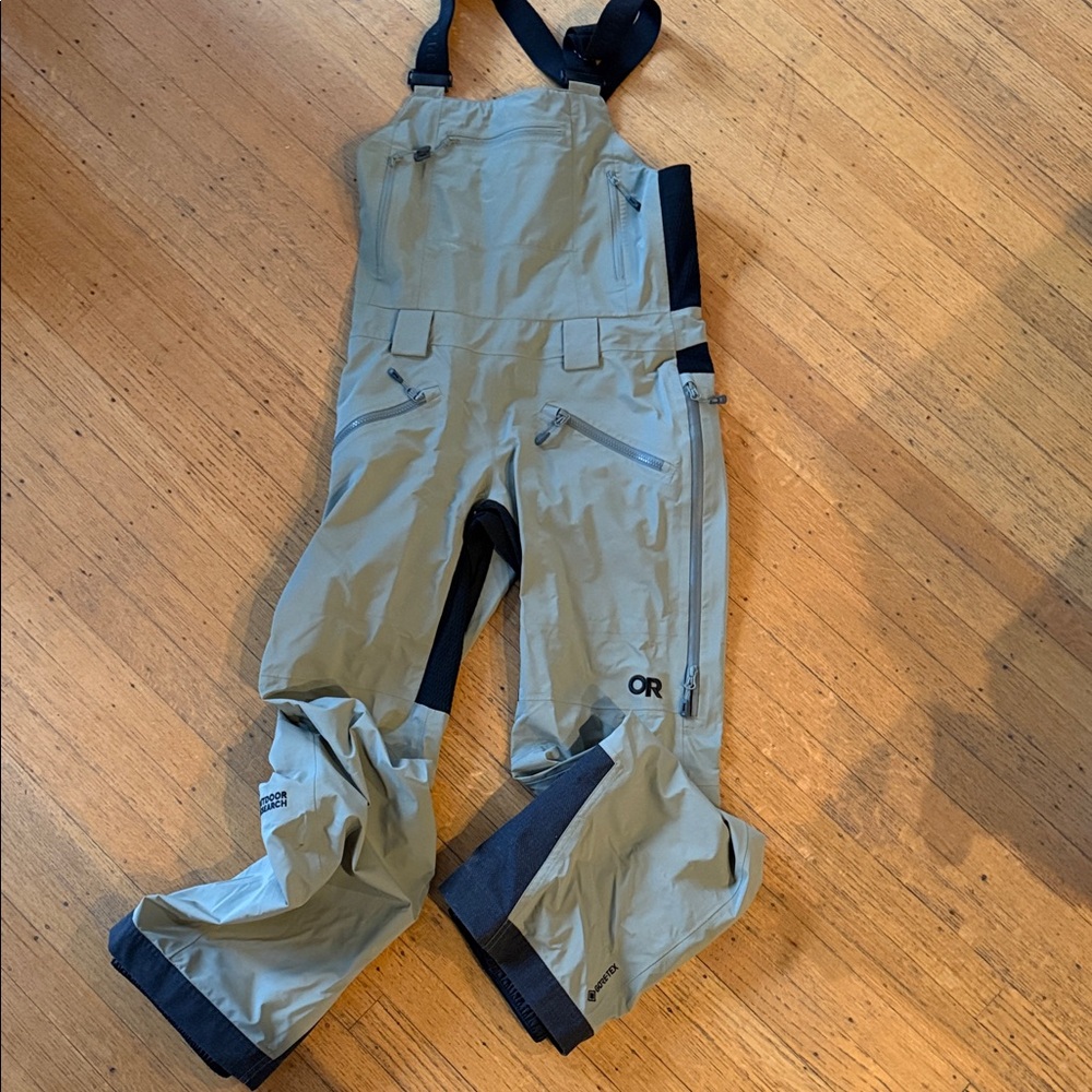 Outdoor Research sage green and Black goretex Bib Overalls